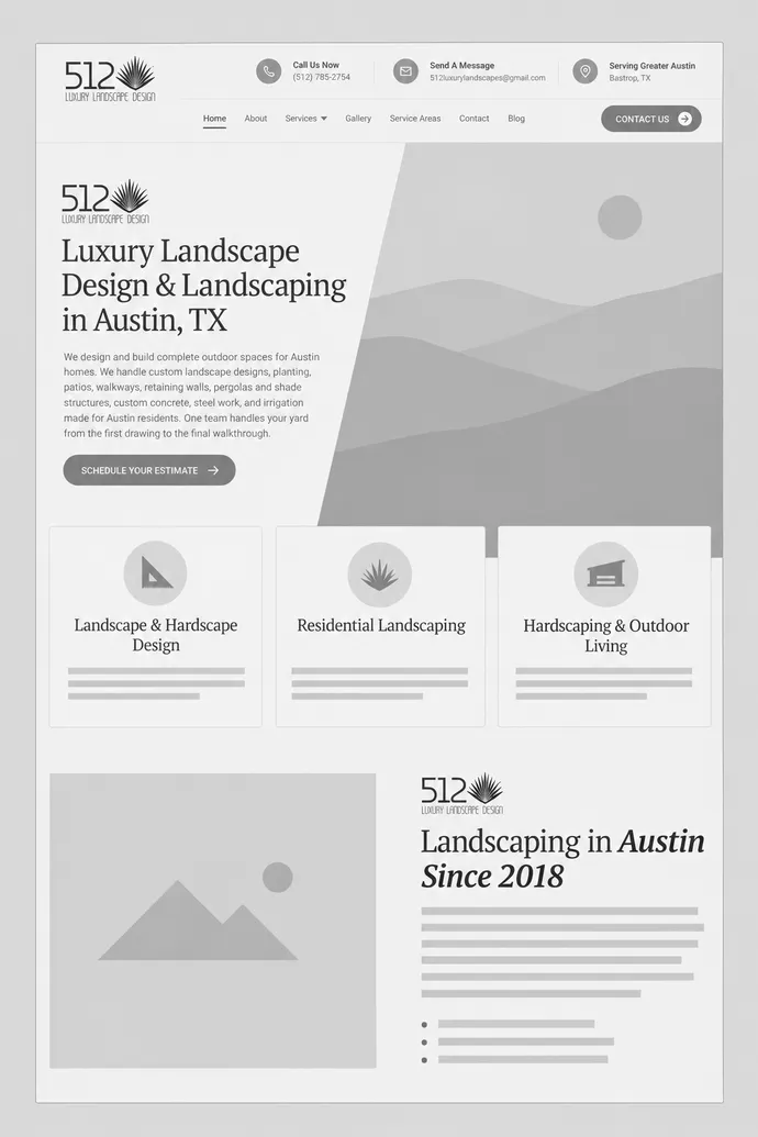 Wireframe of the 512 Luxury Landscape Design homepage