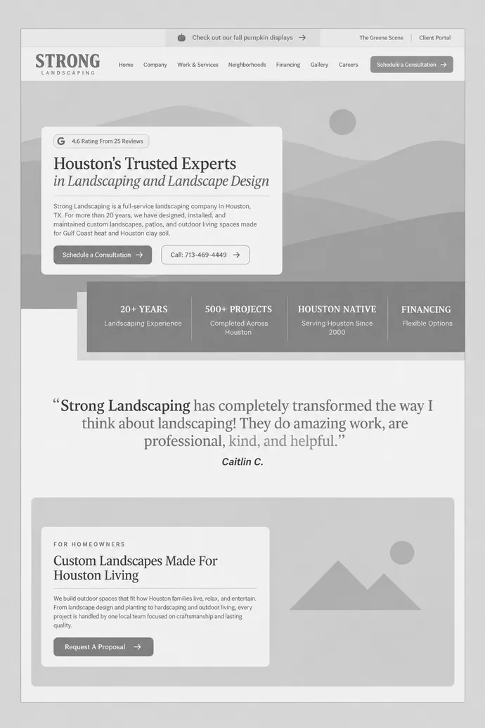 Wireframe of the Strong Landscaping homepage