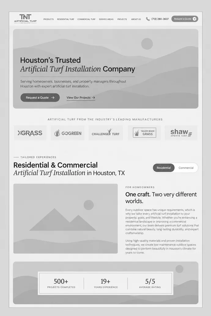Wireframe of the TNT Turf homepage